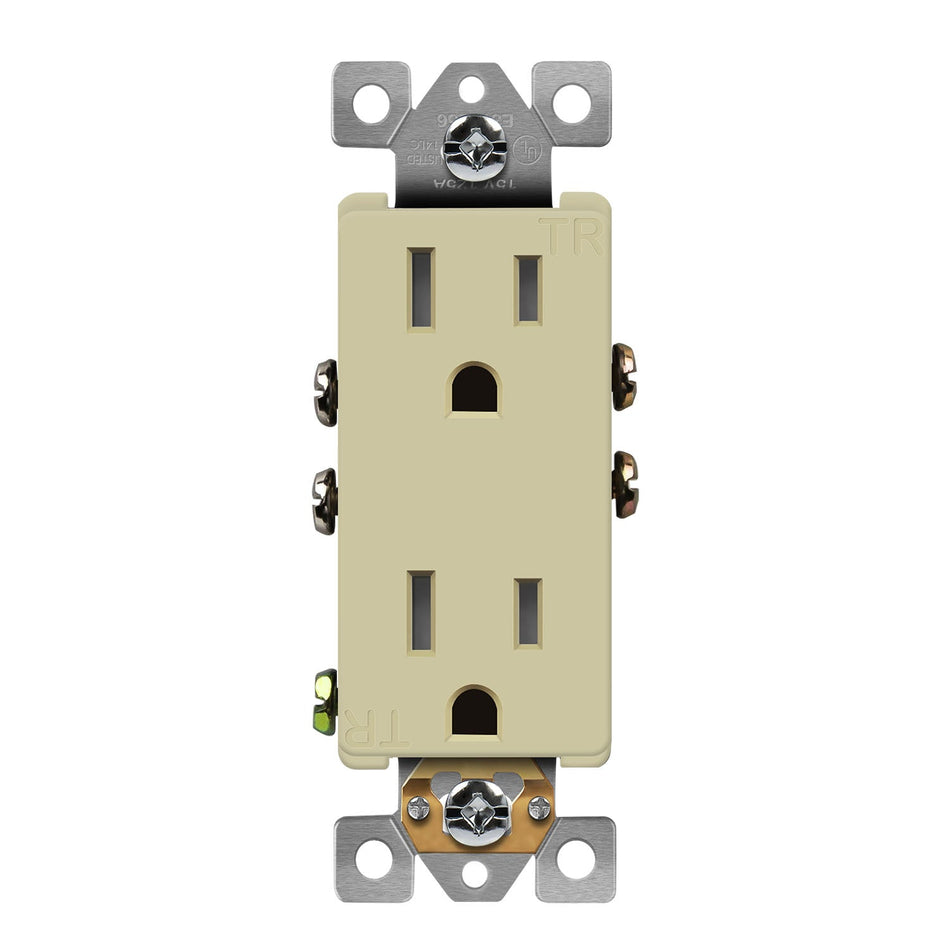 Enerlites 61501-TR-I - Residential Grade 15A Decorator Style Self-Grounding Tamper-Resistant Duplex Receptacle - Ivory
