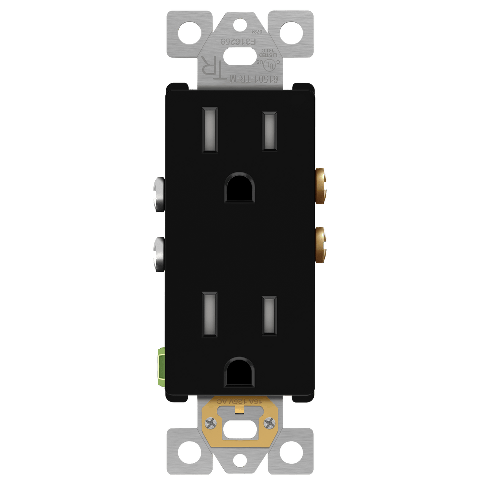 Enerlites 61501-TR-MBK - Matte Finish Residential Grade 15A Decorator Style Self-Grounding Tamper-Resistant Duplex Receptacle - Black
