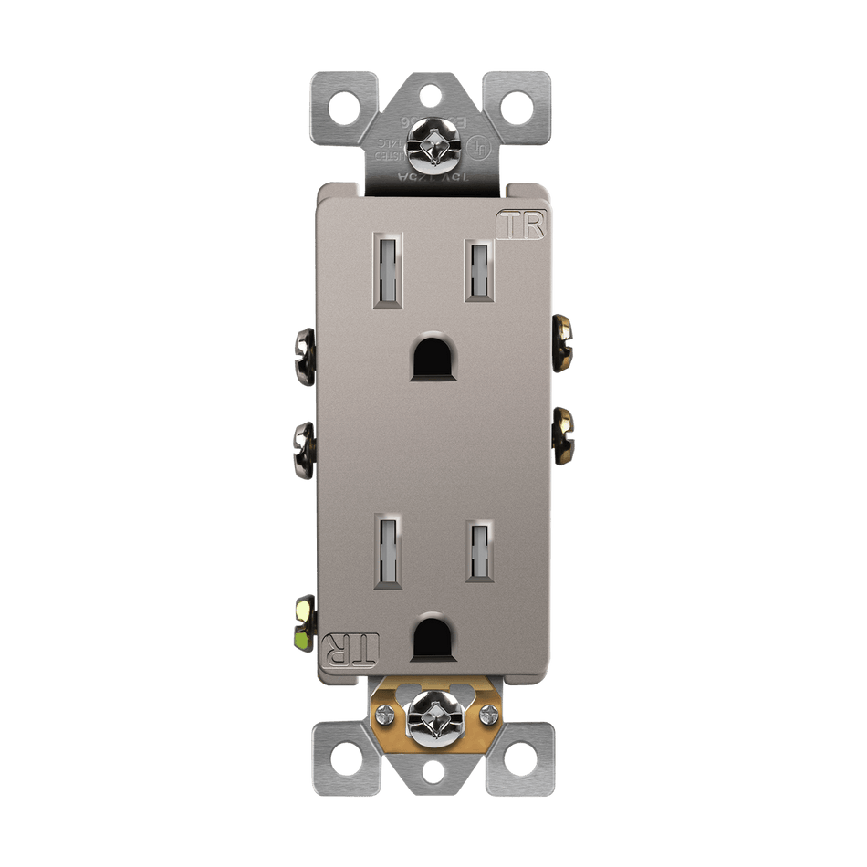 Enerlites 61501-TR-NK - Residential Grade 15A Decorator Style Self-Grounding Tamper-Resistant Duplex Receptacle - Nickel