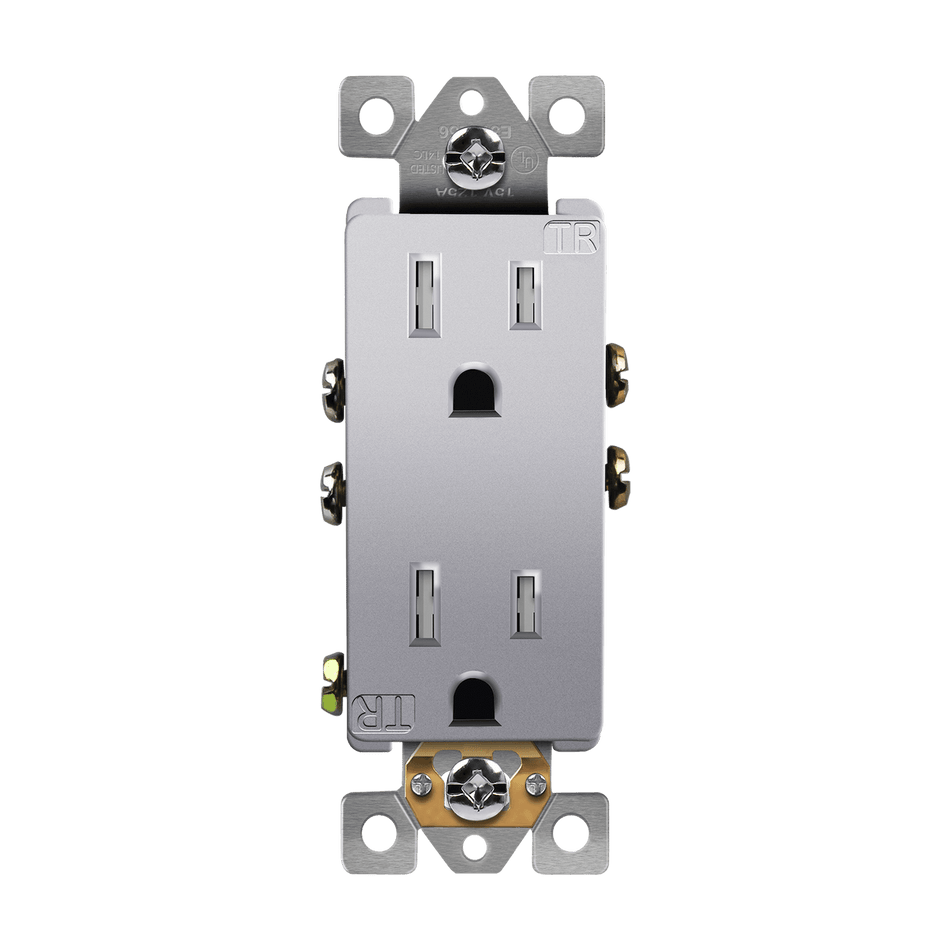 Enerlites 61501-TR-SV - Residential Grade 15A Decorator Style Self-Grounding Tamper-Resistant Duplex Receptacle - Silver