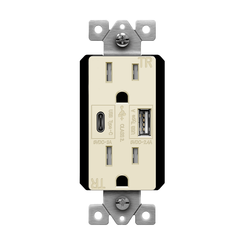 Enerlites 61501-TR2USB-1A1C-LA - USB Wall Outlet, USB-C and USB-A, 5.8amps, Tamper-Resistant 15A Duplex Receptacles - Light Almond