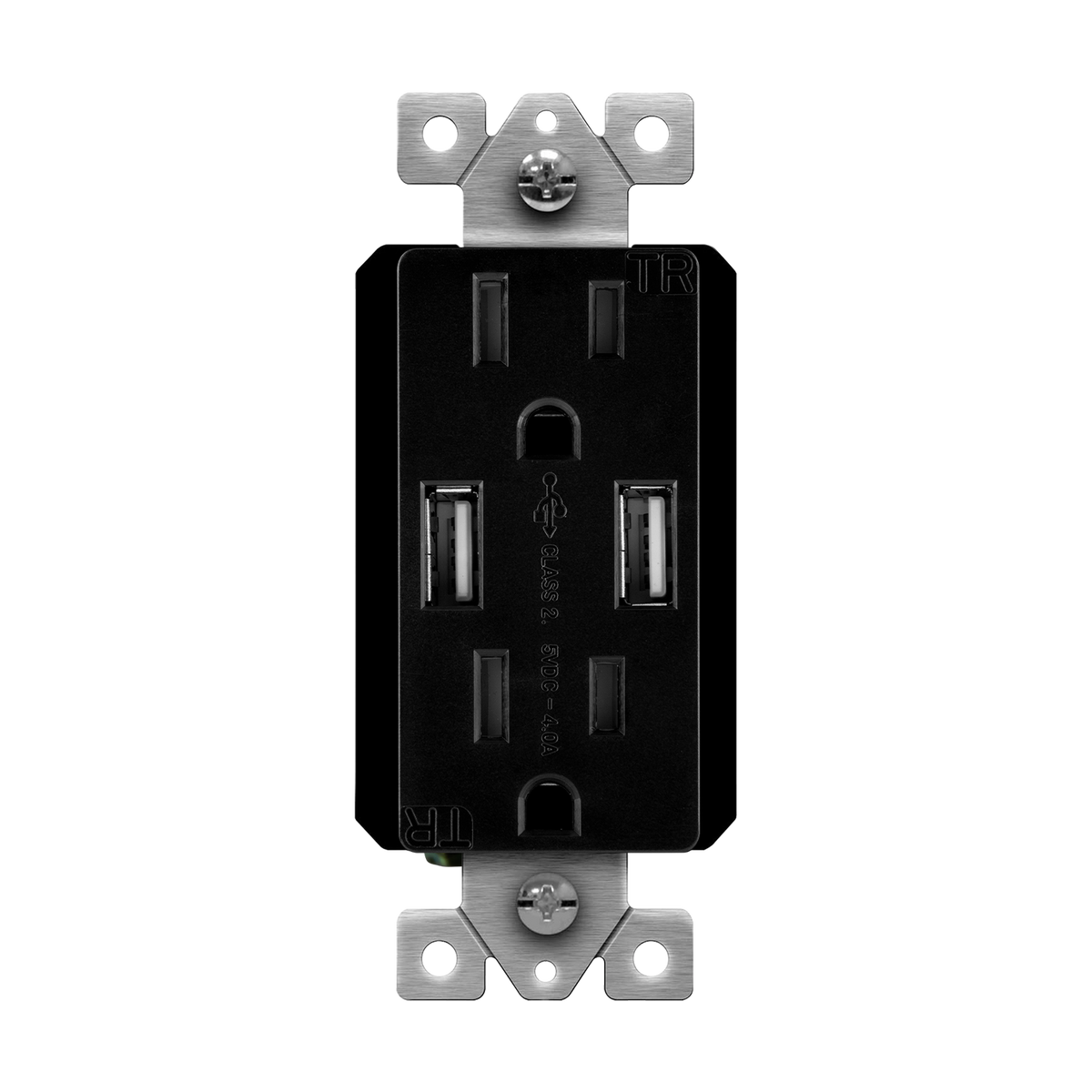 Enerlites 61501-TR2USB-CC-BK - Dual Type-A USB Charger with 15A Duplex Tamper-Resistant Receptacles and Interchangeable Face Covers - Black
