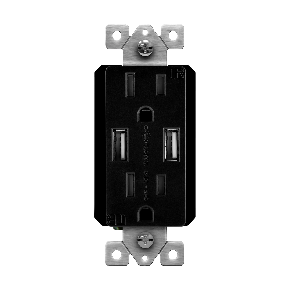 Enerlites 61501-TR2USB-CC-BK - Dual Type-A USB Charger with 15A Duplex Tamper-Resistant Receptacles and Interchangeable Face Covers - Black