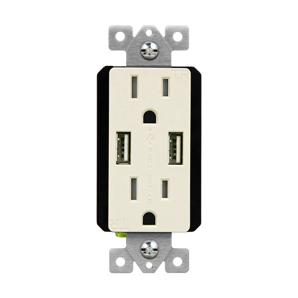 Enerlites 61501-TR2USB-CC-LA - Dual Type-A USB Charger with 15A Duplex Tamper-Resistant Receptacles and Interchangeable Face Covers - Light Almond