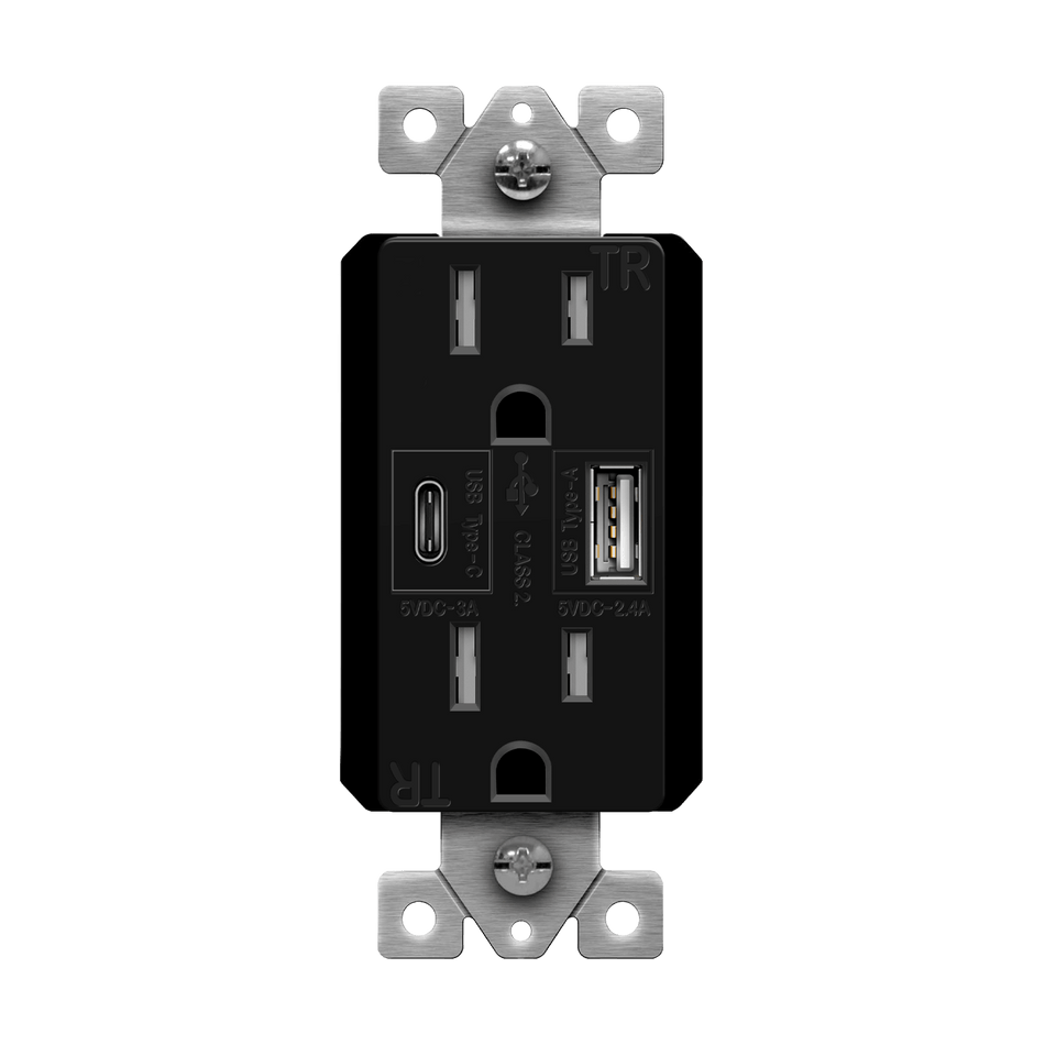 Enerlites 61501-TR2USB-1A1C-BK - USB Wall Outlet, USB-C and USB-A, 5.8amps, Tamper-Resistant 15A Duplex Receptacles - Black