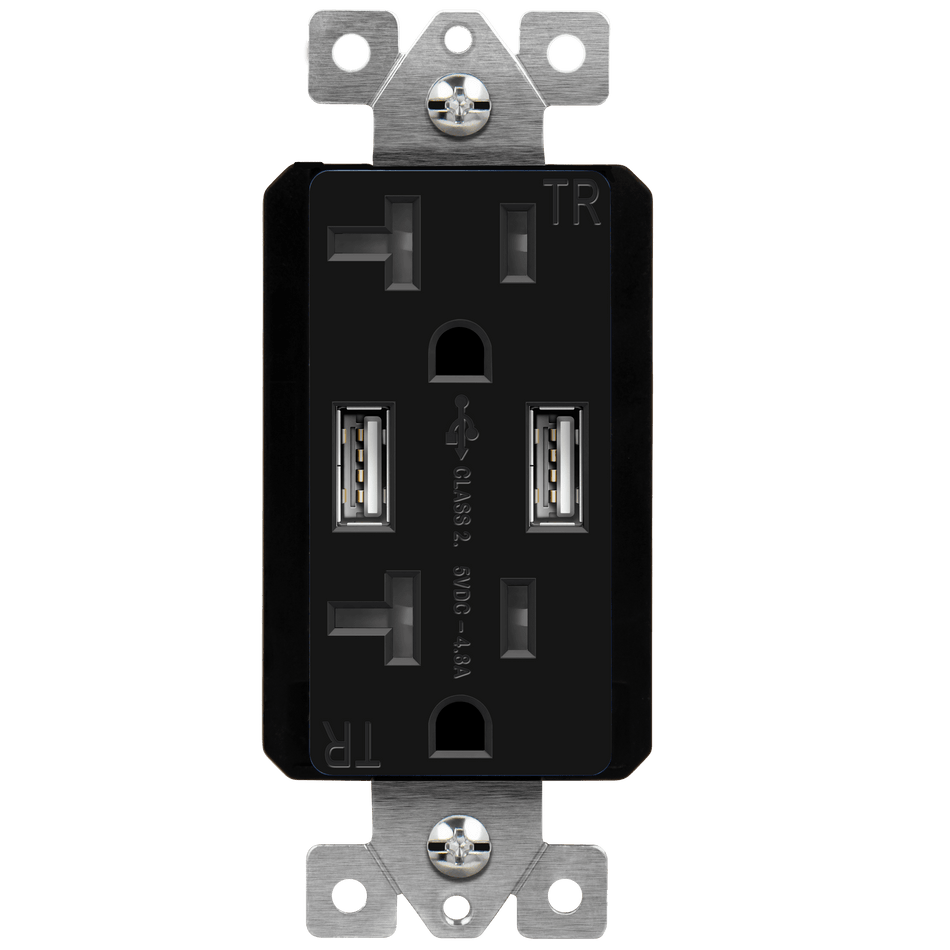 Enerlites 62001-TR2USB-CC-BK - Dual Type-A USB Charger with 20A Duplex Tamper-Resistant Receptacles and Interchangeable Face Covers - Black