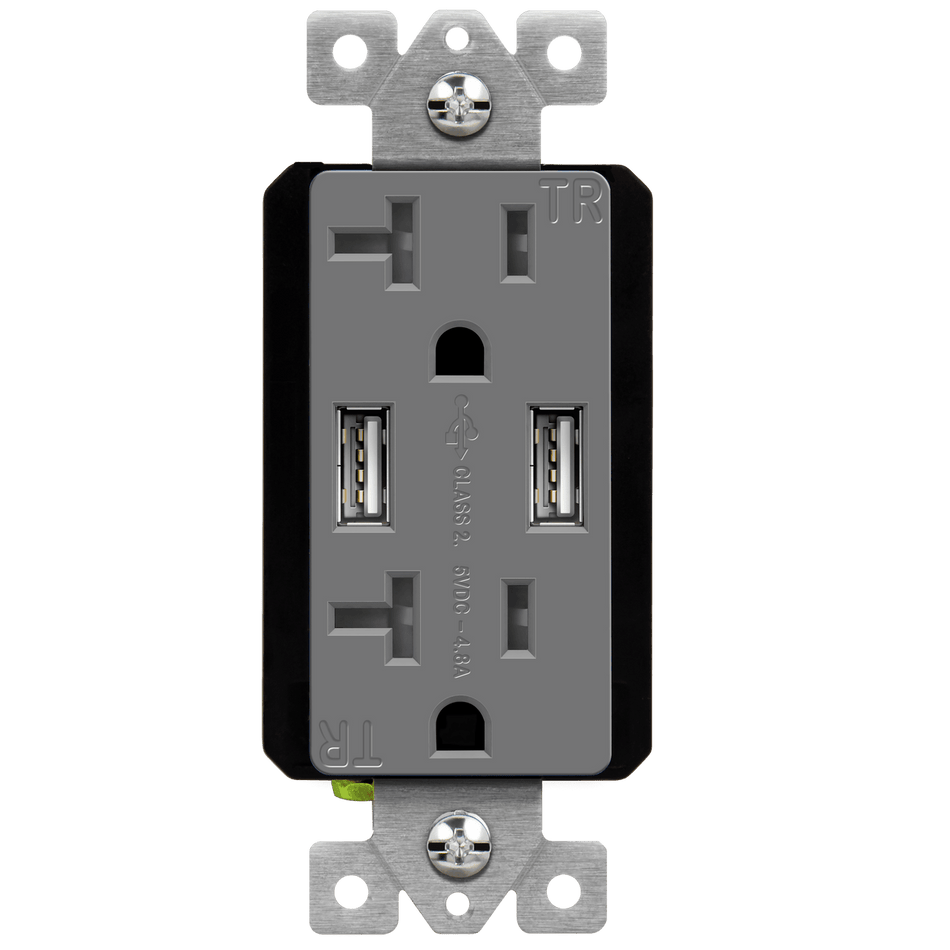 Enerlites 62001-TR2USB-1A1C-GY - USB Wall Outlet, USB-C and USB-A, 5.8amps, Tamper-Resistant 20A Duplex Receptacles - Gray
