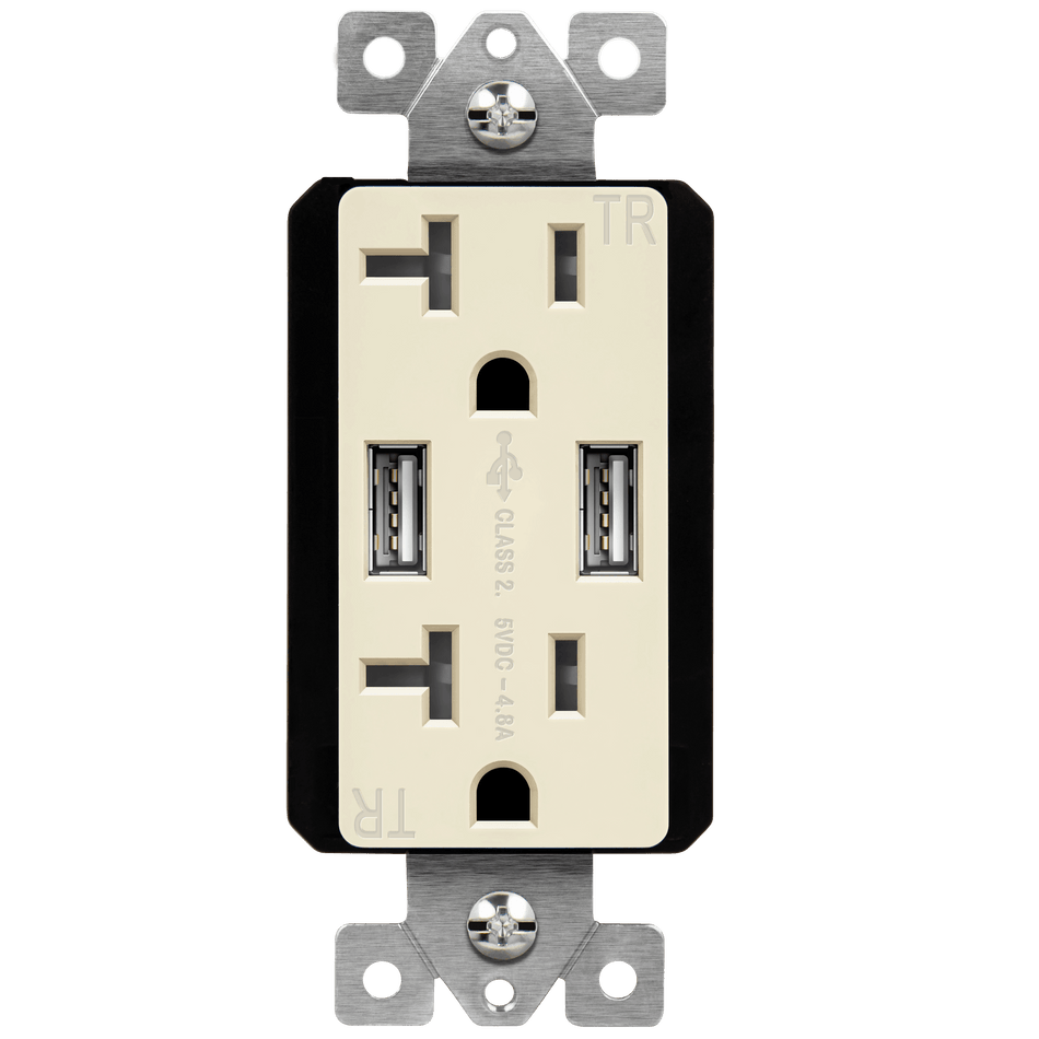 Enerlites 62001-TR2USB-CC-LA - Dual Type-A USB Charger with 20A Duplex Tamper-Resistant Receptacles and Interchangeable Face Covers - Light Almond