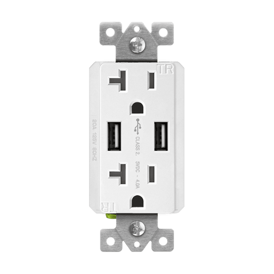 Enerlites 62001-TR2USB-S-W - Dual USB Charger 4A with 20A Tamper-Resistant Duplex Receptacles - White