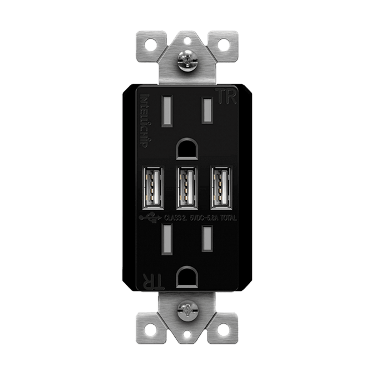 Enerlites 62001-TR3USB-CC-BK - Three Type-A USB Charger with 20A Duplex Tamper-Resistant Receptacles and Interchangeable Face Covers - Black