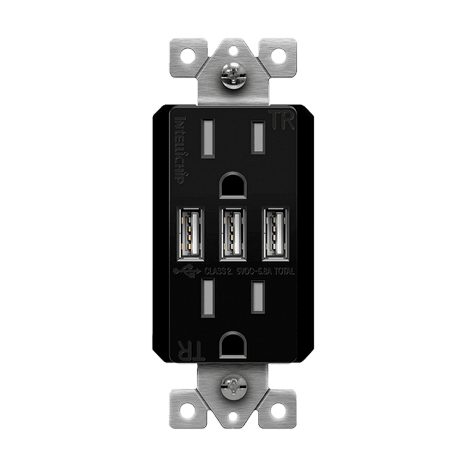 Enerlites 62001-TR3USB-CC-BK - Three Type-A USB Charger with 20A Duplex Tamper-Resistant Receptacles and Interchangeable Face Covers - Black