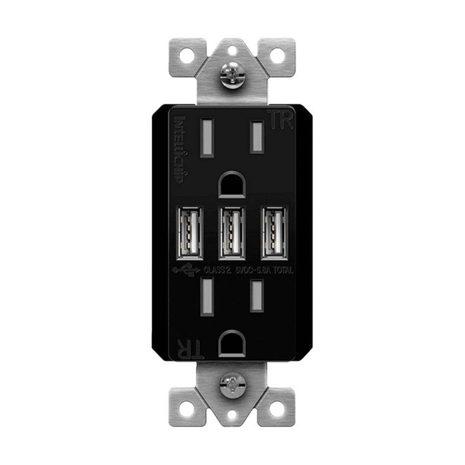 Enerlites 62001-TR3USB-CC-BK - Three Type-A USB Charger with 20A Duplex Tamper-Resistant Receptacles and Interchangeable Face Covers - Black