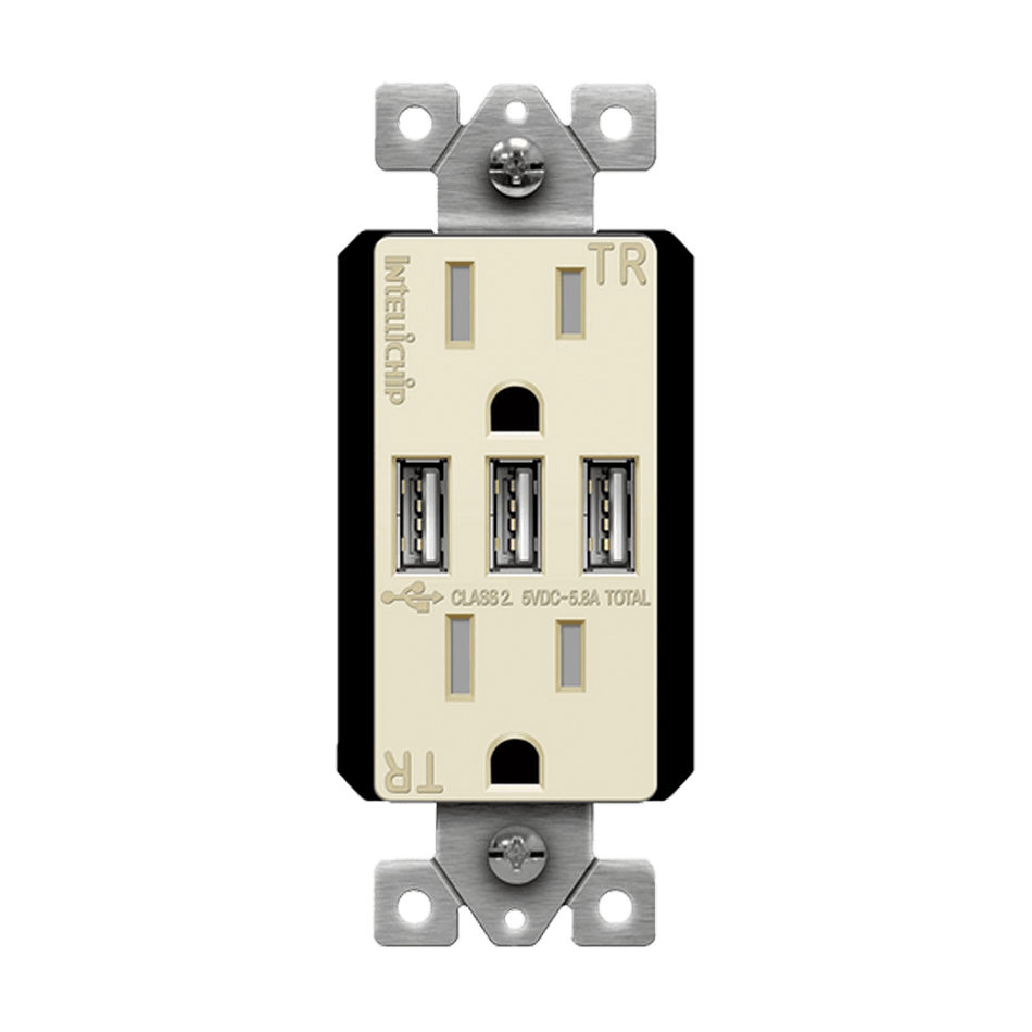 Enerlites 62001-TR3USB-CC-LA - Three Type-A USB Charger with 20A Duplex Tamper-Resistant Receptacles and Interchangeable Face Covers - Light Almond