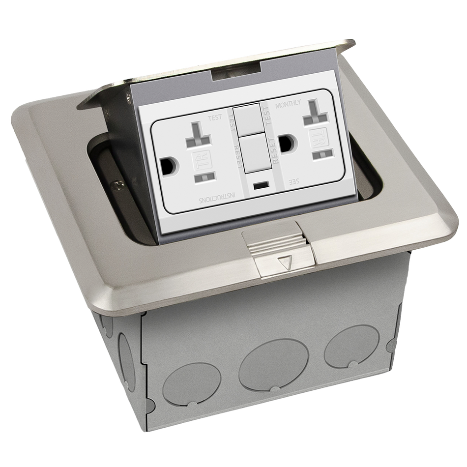 Enerlites 961243-S-GFCI – Nickel-Plated Brass Square Pop-up Floor Box Assembly with 20A Tamper-Resistant GFCI Receptacle