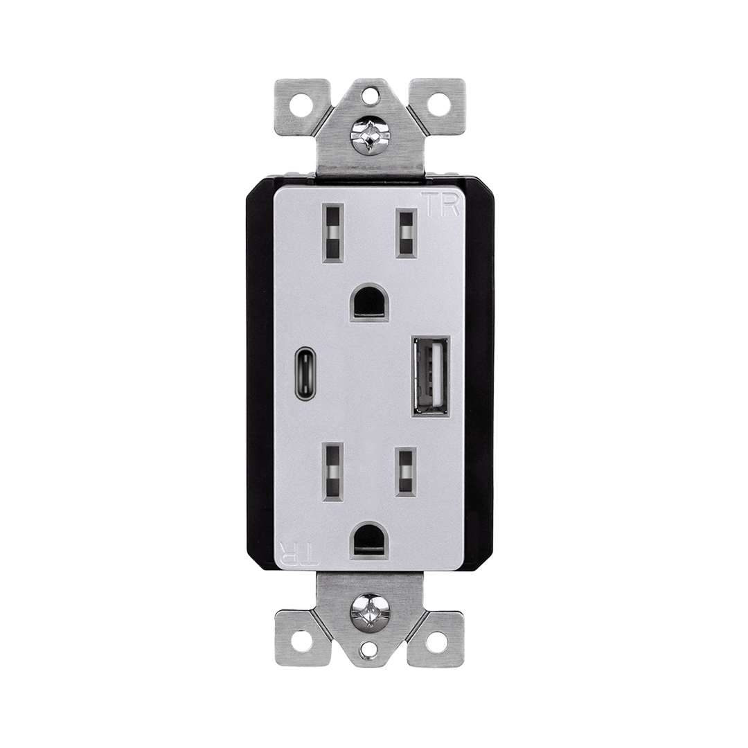 Enerlites 61501-TR2USB3-1A1C-SV - USB Wall Outlet, USB-C and USB-A, 3.6amps, Tamper-Resistant 15A Duplex Receptacles - Silver