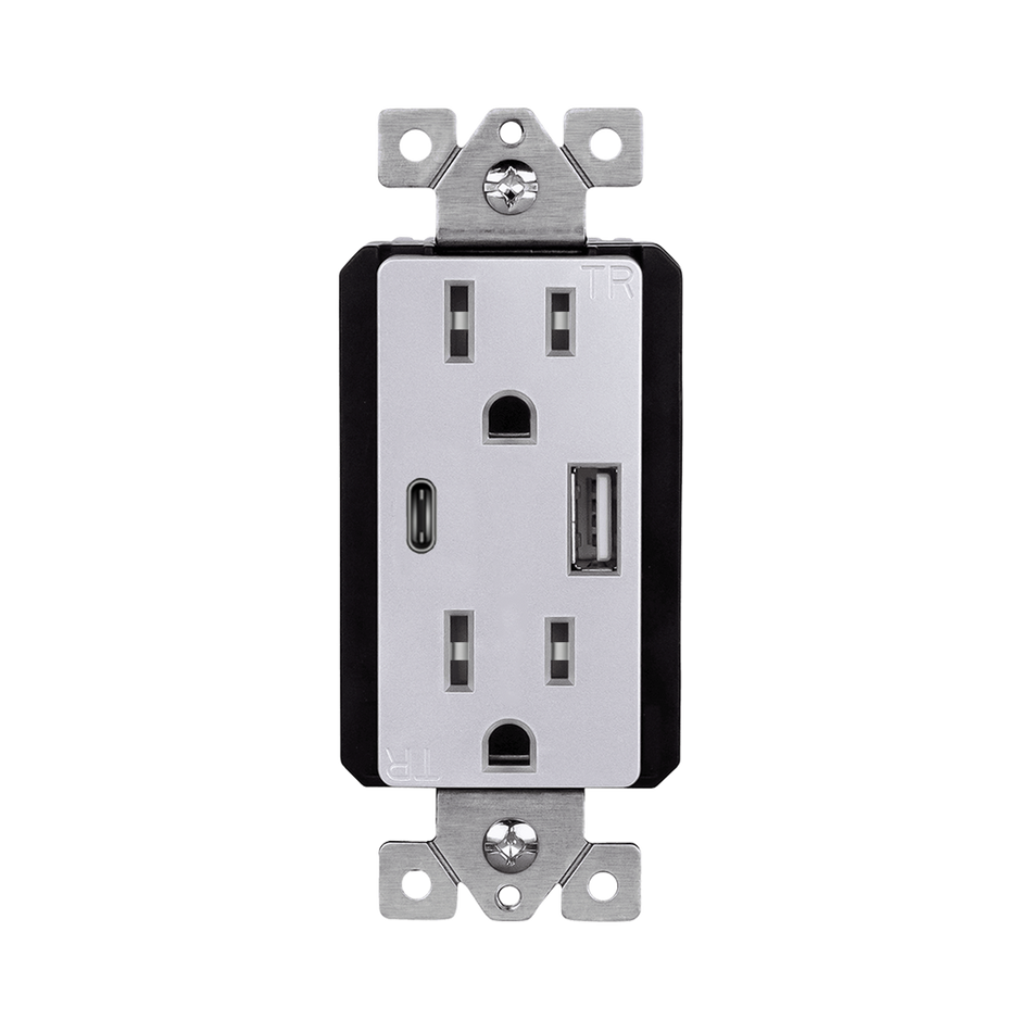 Enerlites 61501-TR2USB3-1A1C-SV - USB Wall Outlet, USB-C and USB-A, 3.6amps, Tamper-Resistant 15A Duplex Receptacles - Silver