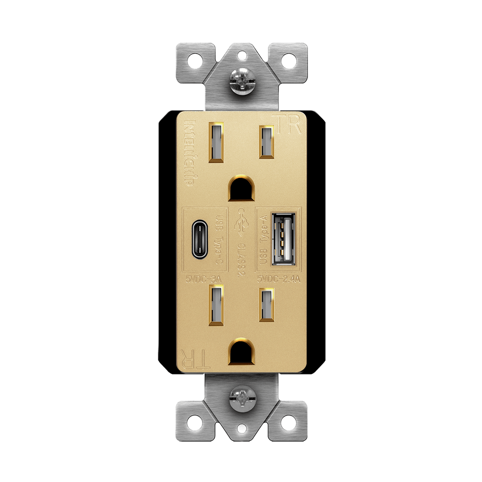 Enerlites 61501-TR2USB-1A1C-GD - USB Wall Outlet, USB-C and USB-A, 5.8amps, Tamper-Resistant 15A Duplex Receptacles - Gold