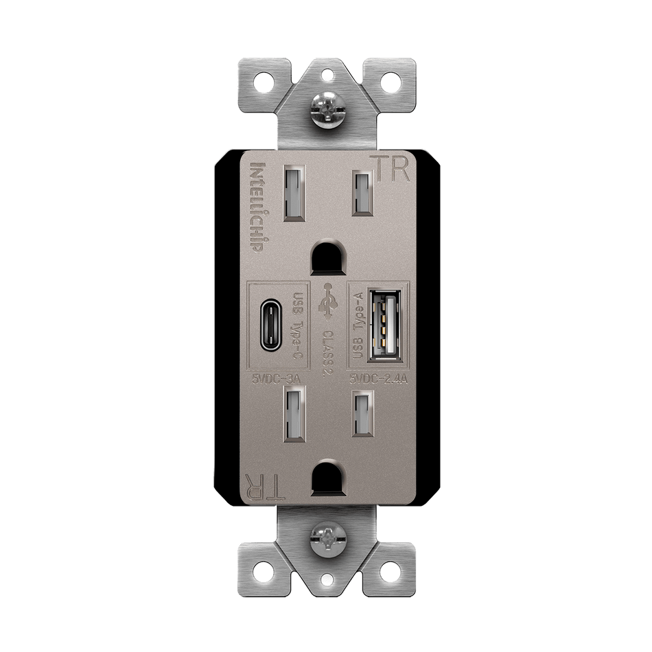 Enerlites 61501-TR2USB-1A1C-NK - USB Wall Outlet, USB-C and USB-A, 5.8amps, Tamper-Resistant 15A Duplex Receptacles - Nickel