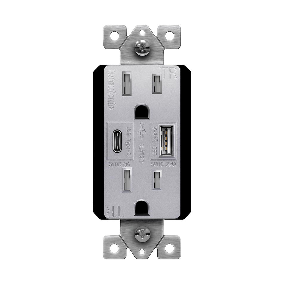 Enerlites 61501-TR2USB-1A1C-SV - USB Wall Outlet, USB-C and USB-A, 5.8amps, Tamper-Resistant 15A Duplex Receptacles - Silver