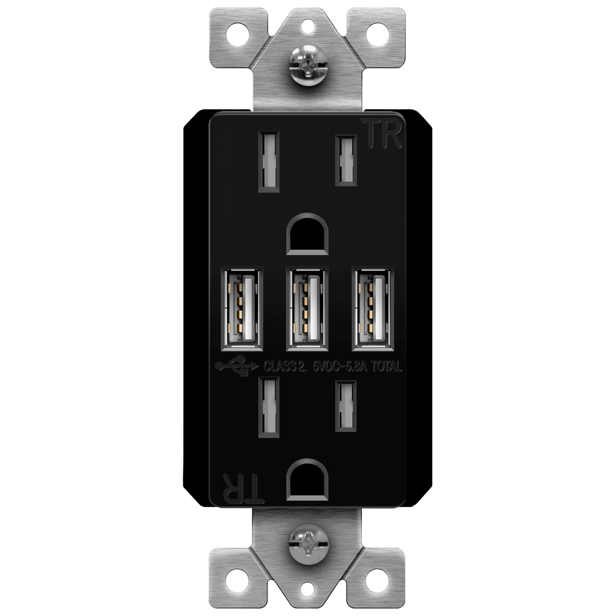 Enerlites 61501-TR3USB-CC-BK - Three Type-A USB Charger with 15A Duplex Tamper-Resistant Receptacles and Interchangeable Face Covers - Black