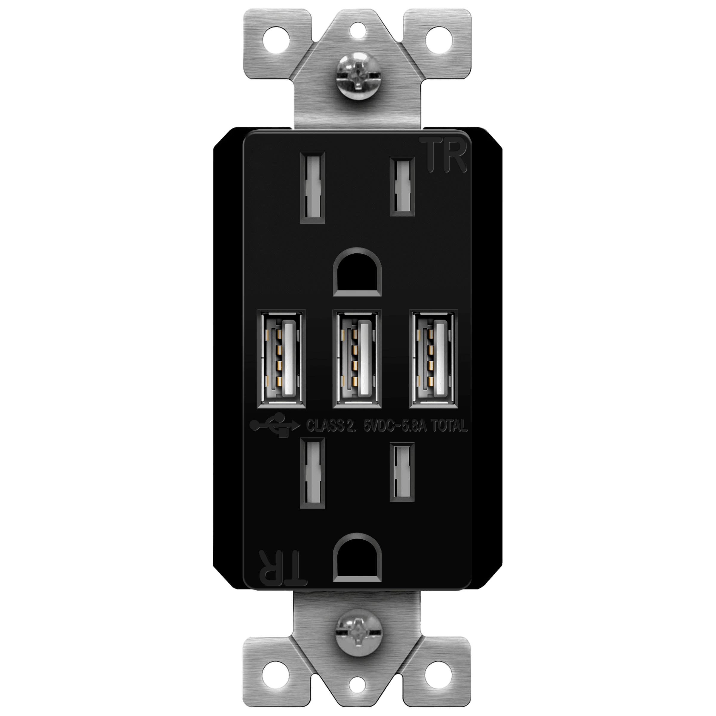 Enerlites 61501-TR3USB-CC-BK - Three Type-A USB Charger with 15A Duplex Tamper-Resistant Receptacles and Interchangeable Face Covers - Black
