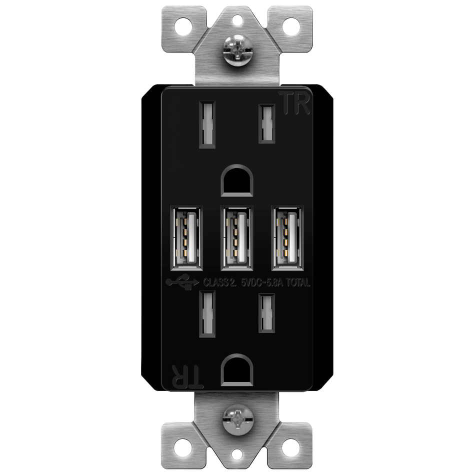 Enerlites 61501-TR3USB-CC-BK - Three Type-A USB Charger with 15A Duplex Tamper-Resistant Receptacles and Interchangeable Face Covers - Black