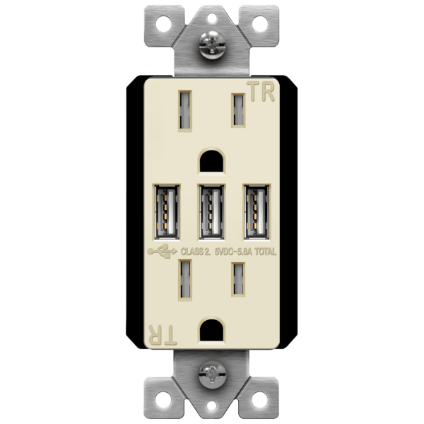 Enerlites 61501-TR3USB-CC-LA - Three Type-A USB Charger with 15A Duplex Tamper-Resistant Receptacles and Interchangeable Face Covers - Light Almond
